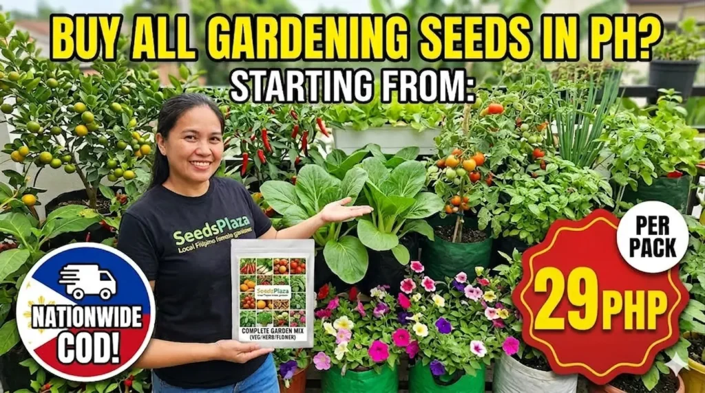 SeedsPLAZA founder in a thriving home garden promoting affordable high-quality vegetable and flower seeds with nationwide Cash on Delivery in the Philippines.