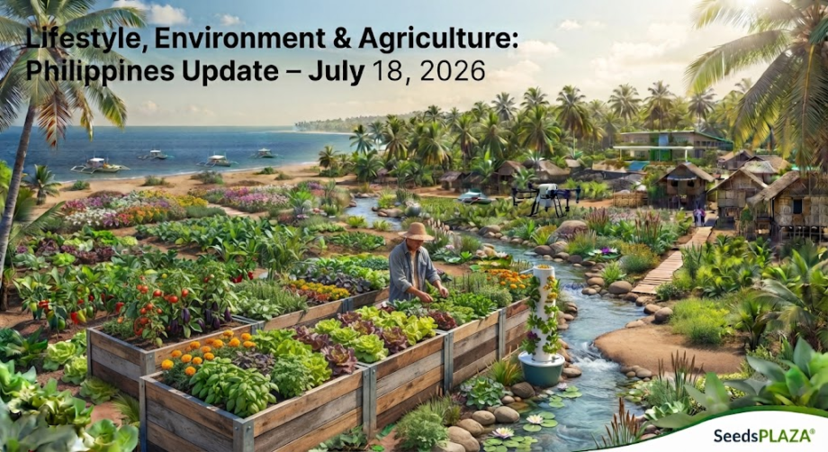 A vibrant, photo-realistic landscape banner, titled "Lifestyle, Environment & Agriculture: Philippines Update – July 18, 2026," illustrates a harmonious blend of modern and traditional sustainable living on a coastal Philippine property. In the foreground, multi-tiered raised garden beds overflow with thriving vegetables (lettuces, tomatoes, eggplants) and herbs, tended to by a farmer in a straw hat. A winding stream flows through the property, next to traditional nipa huts and a modern eco-building on a distant hill. A precision agriculture drone is visible, and the background features a tropical beach with outrigger boats under a blue sky. The SeedsPLAZA® logo is in the bottom right corner.