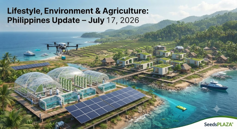 Alt Text: An elevated, detailed visual banner, titled "Lifestyle, Environment & Agriculture: Philippines Update – July 17, 2026," showcases an advanced sustainable coastal village. The scene features high-tech aquaponics and hydroponic systems within transparent domes, a large ground-mounted solar panel array, and a small marine research submarine in the clear turquoise water. A modern eco-village with green roofs and boardwalks is integrated with traditional nipa huts. Rice terraces climb the distant forested hills. An agricultural delivery drone is flying overhead, and a boat is anchored near the shore. The SeedsPLAZA® logo is in the bottom right.